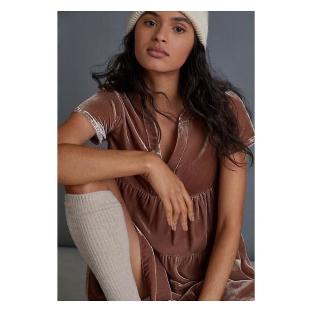 NWOT Anthropologie Maeve Harper Velvet Tunic Mini Dress in Brown Size Small